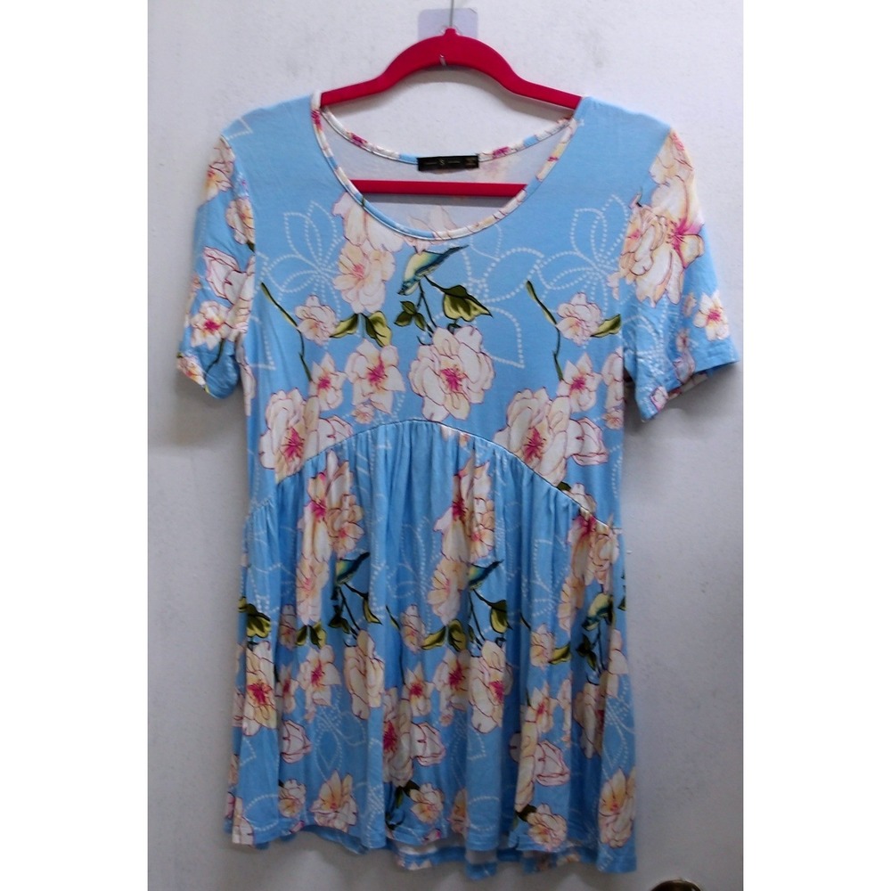 Sky Blue Floral Babydoll Tunic Top Short Sleeve Empire Waist S / #26773